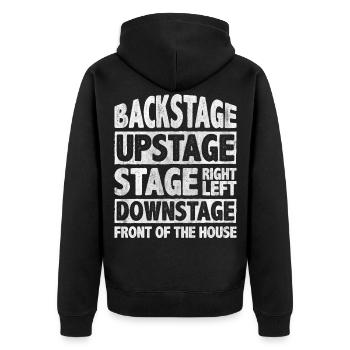 Backstage Upstage Right Left Downstage - Unisex Premium Bio Zip Hoodie - Schwarz - Hinten - Nico (187cm)