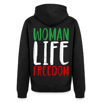 Woman Life Freedom Frau Frauen Frauenrechte Iran - Unisex Premium Bio Zip Hoodie - Schwarz - Hinten - Nico (187cm)