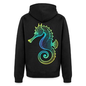 Seepferdchen Farbverlauf Blau Gelb Tribal Grün - Unisex Premium Bio Zip Hoodie - Schwarz - Hinten - Nico (187cm)