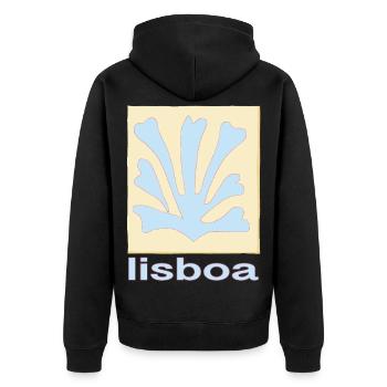 Lisboa Palmenblatt Blau Retro - Unisex Premium Bio Zip Hoodie - Schwarz - Hinten - Nico (187cm)