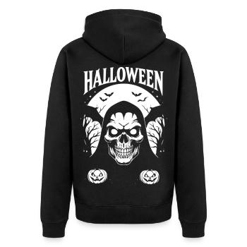Halloween Skull in Hood Style - Unisex Premium Organic Zip Hoodie - black - Back - Nico (187cm)