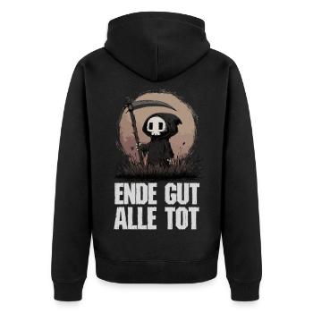 Ende gut alle tot – Grim Reaper Humor - Unisex Premium Bio Zip Hoodie - Schwarz - Hinten - Nico (187cm)