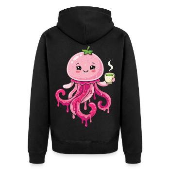 Kawaii Matcha Qualle süß - Unisex Premium Bio Zip Hoodie - Schwarz - Hinten - Nico (187cm)