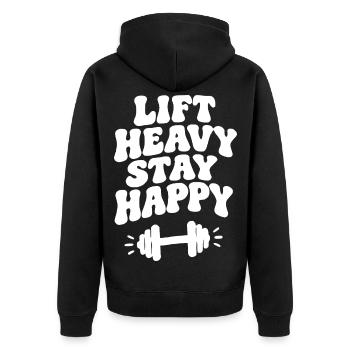 Lift Heavy Stay happy - Unisex Premium Bio Zip Hoodie - Schwarz - Hinten - Nico (187cm)
