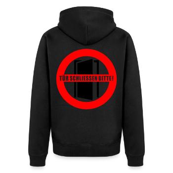 Tür schließen bitte | Farbe änderbar - Unisex Premium Bio Zip Hoodie - Schwarz - Hinten - Nico (187cm)