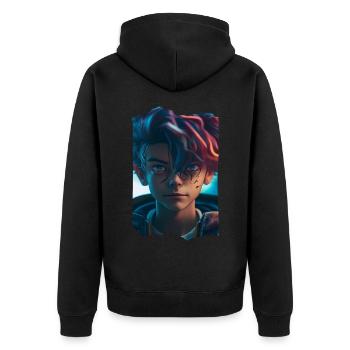 Anime Sci-Fi Junge mit krassen blauen Augen - Unisex Premium Bio Zip Hoodie - Schwarz - Hinten - Nico (187cm)