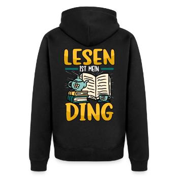 Buch Bücher Bibliothek Lesen ist mein Ding - Unisex Premium Bio Zip Hoodie - Schwarz - Hinten - Nico (187cm)