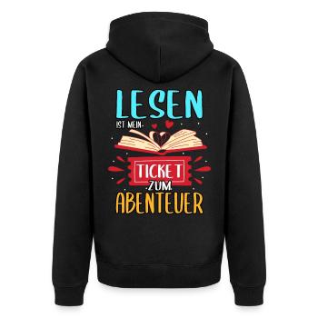 Buch Bücher Lesen ist mein Ticket zum Abenteuer - Unisex Premium Bio Zip Hoodie - Schwarz - Hinten - Nico (187cm)