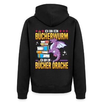 Ich bin kein Bücherwurm ich bin ein Bücher Drache - Unisex Premium Bio Zip Hoodie - Schwarz - Hinten - Nico (187cm)