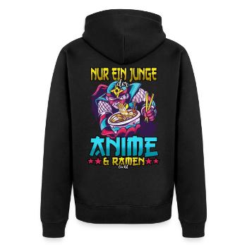 Nur ein Junge der Anime & Ramen liebt - Unisex Premium Bio Zip Hoodie - Schwarz - Hinten - Nico (187cm)