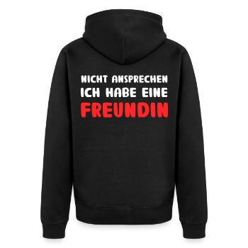 Ich habe eine Freundin Oberteil Spruch für Freund - Unisex Premium Bio Zip Hoodie - Schwarz - Hinten - Nico (187cm)