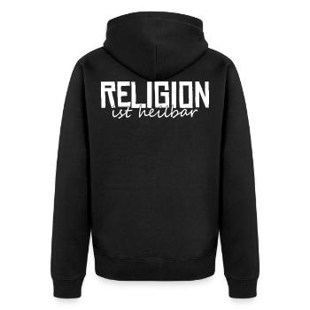 Religion ist heilbar Atheist Cooles Geschenk - Unisex Premium Bio Zip Hoodie - Schwarz - Hinten - Nico (187cm)