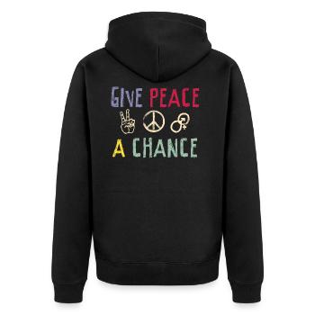 Hippie Gib Frieden eine Chance Spruch Cooles - Unisex Premium Bio Zip Hoodie - Schwarz - Hinten - Nico (187cm)