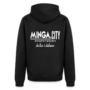 MINGA MÜNCHEN GERMANY WIESN BIERGARTEN - Unisex Premium Bio Zip Hoodie - Schwarz - Hinten - Nico (187cm)