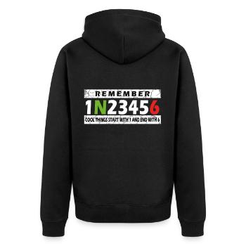 1N23456 - Motorrad Motiv mit lustigem Spruch - Unisex Premium Bio Zip Hoodie - Schwarz - Hinten - Nico (187cm)