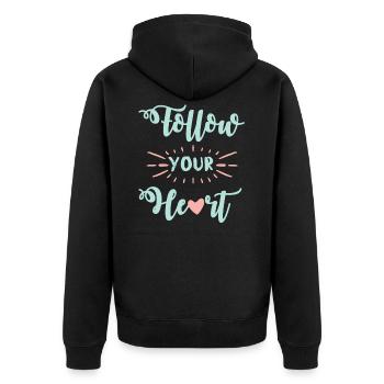 Herz folgen Spruch - Unisex Premium Bio Zip Hoodie - Schwarz - Hinten - Nico (187cm)