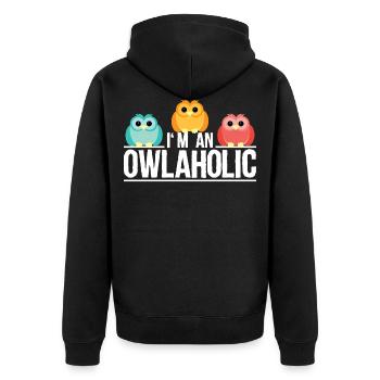 Owlaholic Workaholic Eule Wortwitz Geschenk - Unisex Premium Bio Zip Hoodie - Schwarz - Hinten - Nico (187cm)