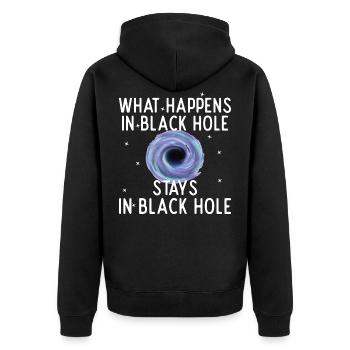 Schwarzes Loch What happens stays - Unisex Premium Bio Zip Hoodie - Schwarz - Hinten - Nico (187cm)
