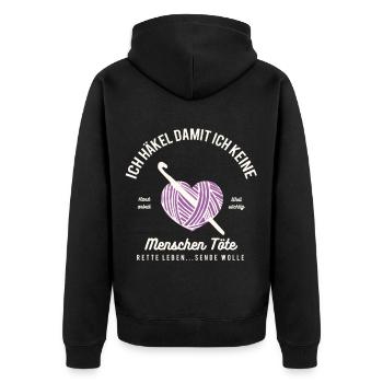 Häkeln Handarbeit Wolle Nähen Stricken Stoff Nadel - Unisex Premium Bio Zip Hoodie - Schwarz - Hinten - Nico (187cm)