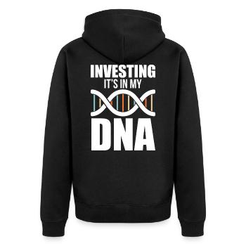 Investieren Kapital Cash ist in meiner DNA - Unisex Premium Bio Zip Hoodie - Schwarz - Hinten - Nico (187cm)