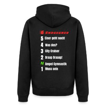 Motorrad 1N23456 Lustig Schaltung - Unisex Premium Bio Zip Hoodie - Schwarz - Hinten - Nico (187cm)