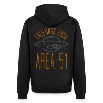 Greetings from area 51 - Unisex Premium Bio Zip Hoodie - Schwarz - Hinten - Nico (187cm)