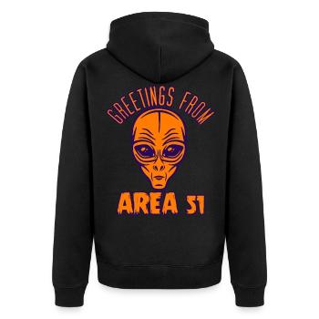 Greetings from Area 51 - Unisex Premium Bio Zip Hoodie - Schwarz - Hinten - Nico (187cm)