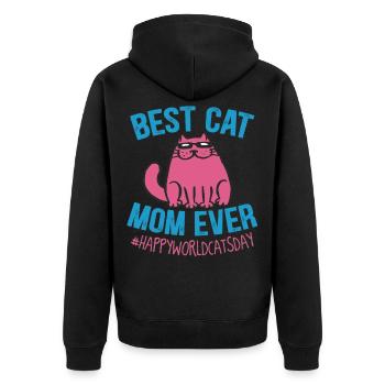 BEST CAT MOM EVER #HAPPYWORLDCATSDAY - Unisex Premium Organic Zip Hoodie - black - Back - Nico (187cm)