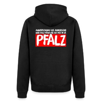 PFÄLZER - ANNERSCHWU ISS ANNERSCH - Unisex Premium Bio Zip Hoodie - Schwarz - Hinten - Nico (187cm)