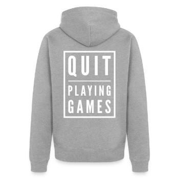 Quit Playing Games - Unisex Premium Bio Zip Hoodie - Grau meliert - Hinten - Nico (187cm)
