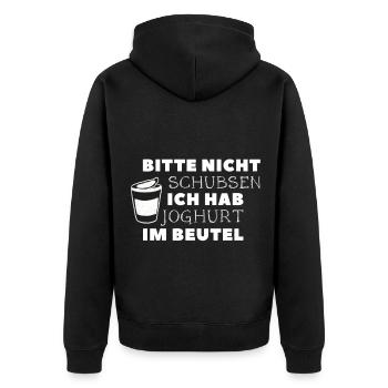 bitte nicht schubsen ich hab joghurt im beutel - Unisex Premium Bio Zip Hoodie - Schwarz - Hinten - Nico (187cm)