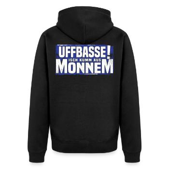 uffbasse isch kumm aus monnem - Unisex Premium Bio Zip Hoodie - Schwarz - Hinten - Nico (187cm)