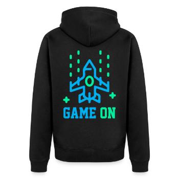 GAME ON - Unisex Premium Bio Zip Hoodie - Schwarz - Hinten - Nico (187cm)