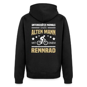 Alter Mann mit Rennrad - Unisex Premium Bio Zip Hoodie - Schwarz - Hinten - Nico (187cm)