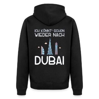 Ich könnt schon wieder nach Dubai - Unisex Premium Bio Zip Hoodie - Schwarz - Hinten - Nico (187cm)