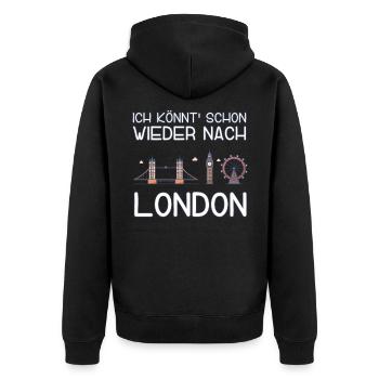 Ich könnt schon wieder nach London - Unisex Premium Bio Zip Hoodie - Schwarz - Hinten - Nico (187cm)