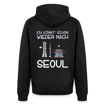 Ich könnt schon wieder nach Seoul - Unisex Premium Bio Zip Hoodie - Schwarz - Hinten - Nico (187cm)