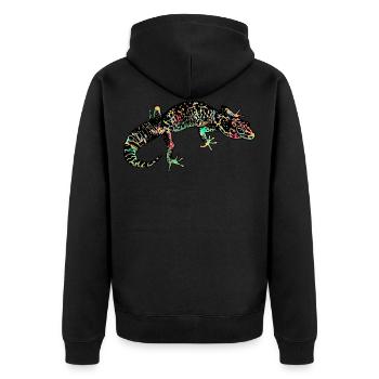 leoGecko - Unisex Premium Organic Zip Hoodie - black - Back - Nico (187cm)