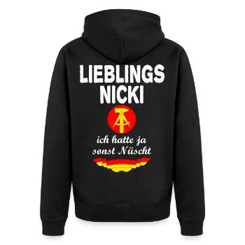 DDR Nicki Ossi Nostalgie Ostalgie - Unisex Premium Bio Zip Hoodie - Schwarz - Hinten - Nico (187cm)