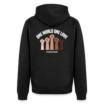 One world one love #NORACISM - Unisex Premium Organic Zip Hoodie - black - Back - Nico (187cm)