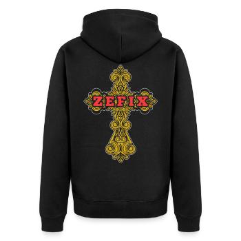 Zefix Kreuz Grantler Tracht - Unisex Premium Bio Zip Hoodie - Schwarz - Hinten - Nico (187cm)