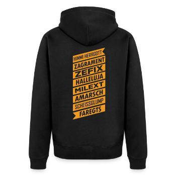 Zefix Spruch Herrgott Grantler Tracht - Unisex Premium Bio Zip Hoodie - Schwarz - Hinten - Nico (187cm)