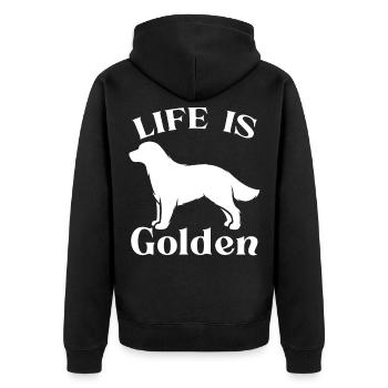 Golden Retriever Spruch Life is Golden Geschenk - Unisex Premium Bio Zip Hoodie - Schwarz - Hinten - Nico (187cm)