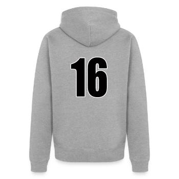 Nr. 16 Zahl sechzehn Rückennummer Fußball Sport - Unisex Premium Bio Zip Hoodie - Grau meliert - Hinten - Nico (187cm)