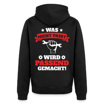 Was nicht passt wird Passend gemacht - Unisex Premium Bio Zip Hoodie - Schwarz - Hinten - Nico (187cm)