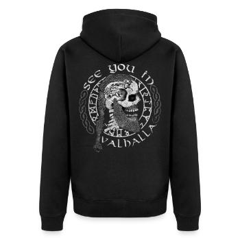See you in Valhalla Wikinger Totenkopf - Unisex Premium Bio Zip Hoodie - Schwarz - Hinten - Nico (187cm)