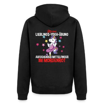 Einhorn Lieblings Yoga Übung Mittelfinger - Unisex Premium Bio Zip Hoodie - Schwarz - Hinten - Nico (187cm)
