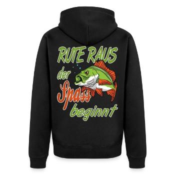 Rute Raus Der Spass Beginnt für einen Angler - Unisex Premium Bio Zip Hoodie - Schwarz - Hinten - Nico (187cm)
