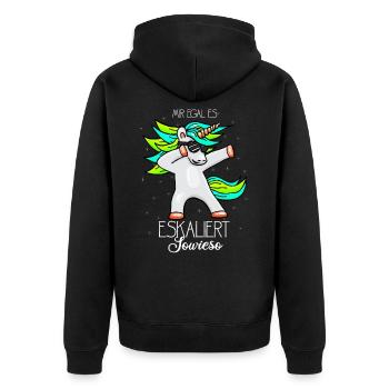 Mir egal es eskaliert sowieso Einhorn - Unisex Premium Bio Zip Hoodie - Schwarz - Hinten - Nico (187cm)