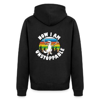 T-Rex Dinosaurier Krücken Unstoppable kurze Arme - Unisex Premium Bio Zip Hoodie - Schwarz - Hinten - Nico (187cm)